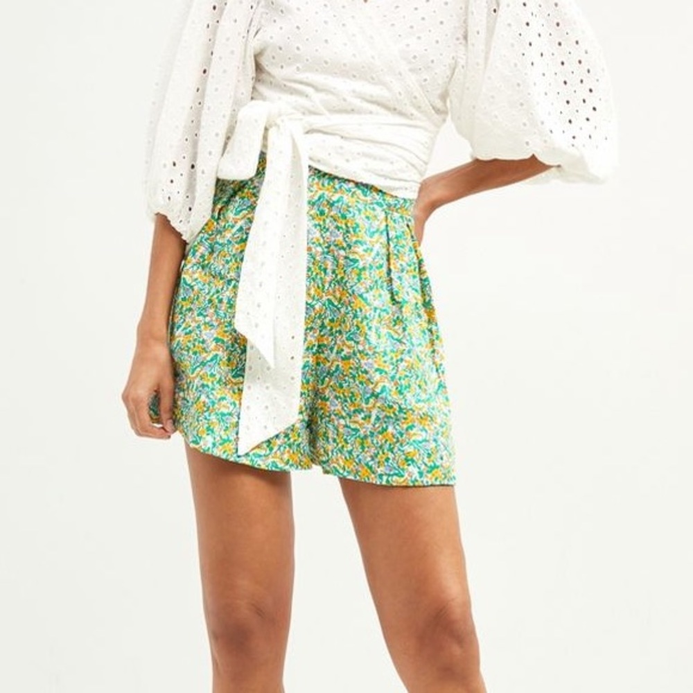 Faithfull the Brand Linen Pleated High Rise Shorts Green Floral Anthropologie